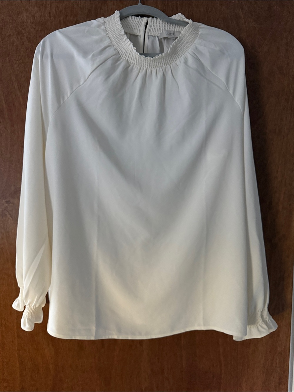 LOFT Light Cream Smocked-Neck Long Sleeve Top